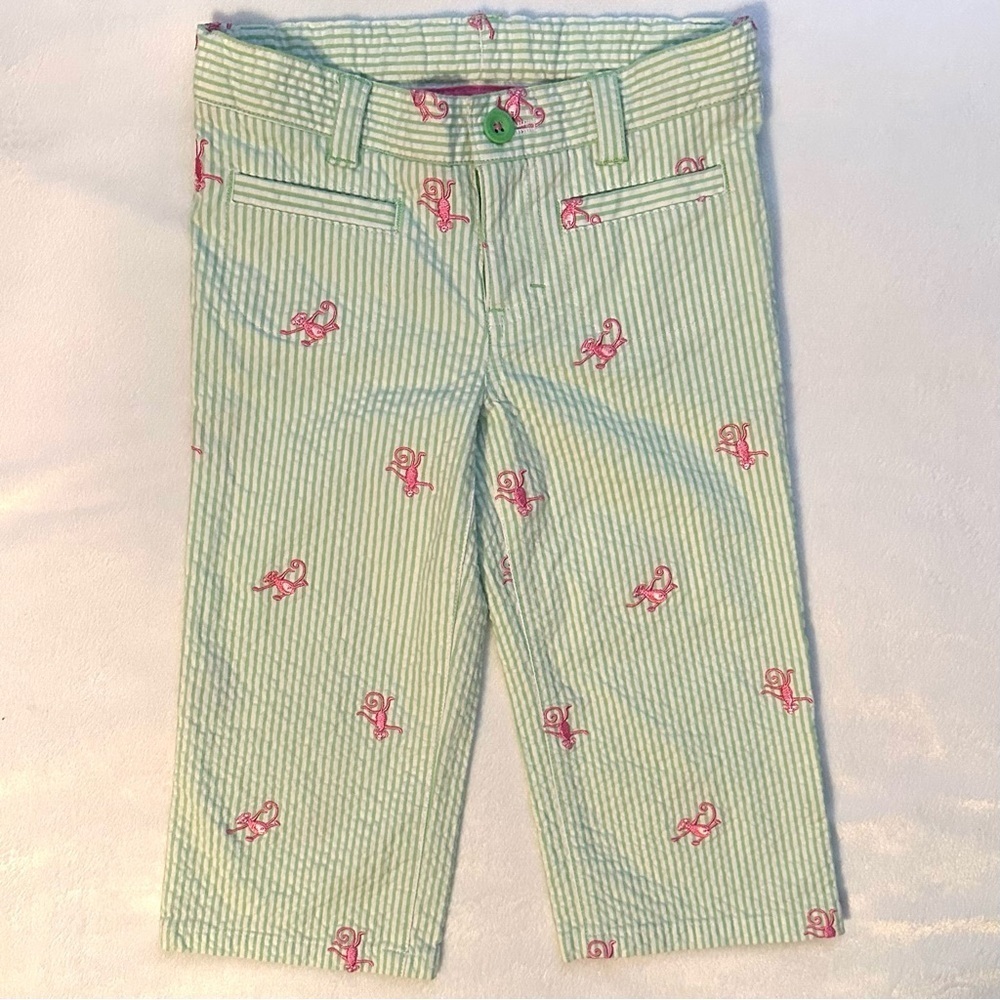 Lilly Pulitzer Seersucker Green Striped Pants Pink Monkeys Girls 3T Adjust Waist